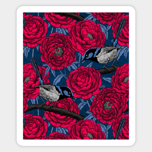 Wrens in the peonies Sticker by katerinamk